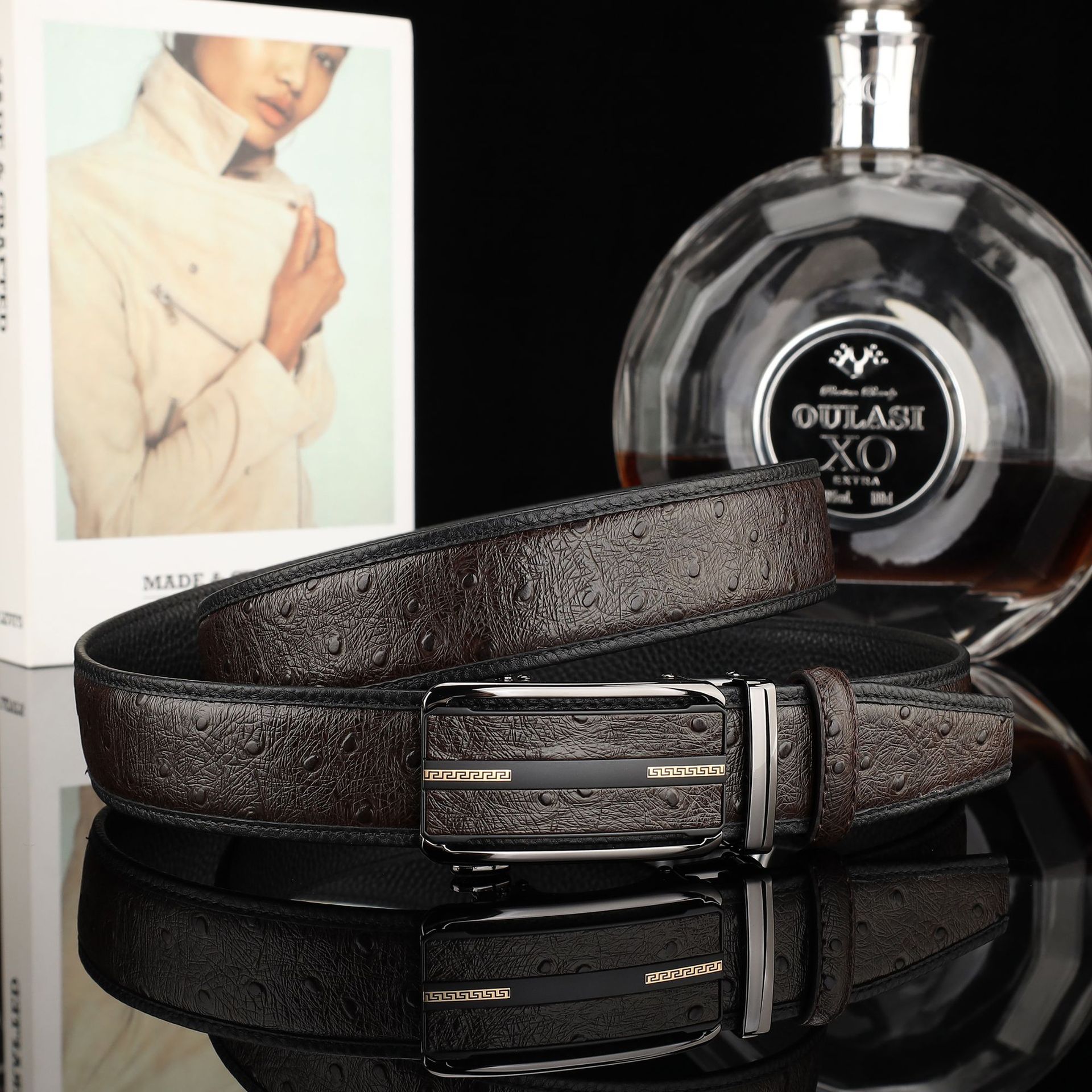 Automatic-buckle Ostrich-patterned Fashionable Casual All-match Genuine Leather Belt