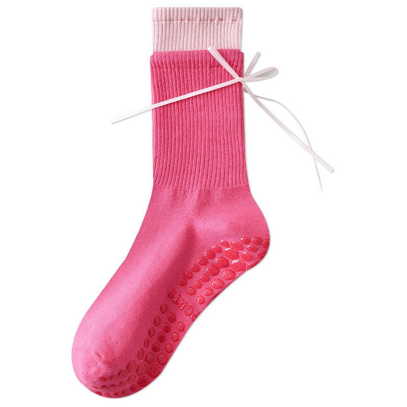 Yoga Socks, Mid Tube, Pure Cotton, Anti Slip Silicone, Indoor Fitness Pilates, Double Ribbed Boneless Sports Socks, Color Blocked