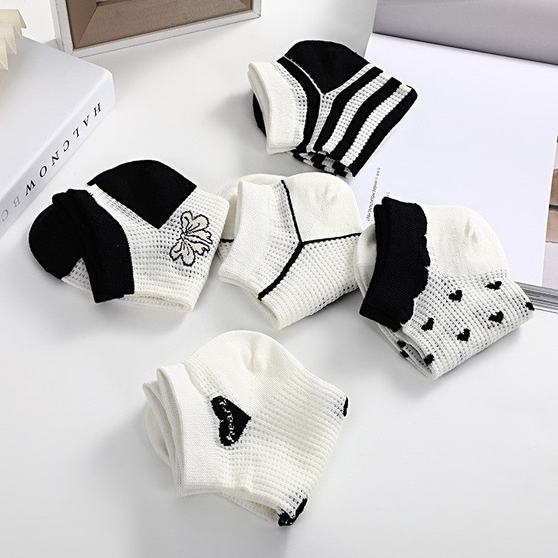 5pairs Summer Breathable Mesh Short Socks, Black And White Shallow Mouth Short Socks, Women's Casual Versatile Short Socks