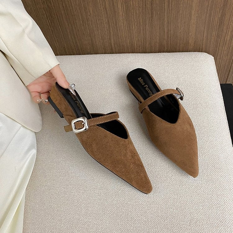 Women's Suede Pointed Toe Buckle Mule Slides
