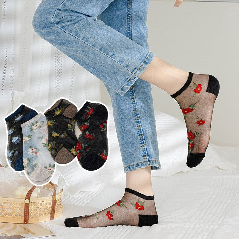 5pairs Spring Summer New Ship Socks Women's Flower Ship Socks Breathable Glass Fiber Ship Socks