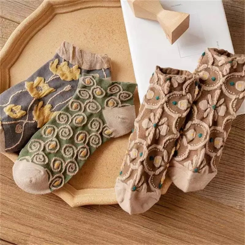 Vintage Floral Embroidery Ankle Socks, Retro Cottagecore Knit Socks With Flower Pattern, Cute Low-Cut Socks For Women
