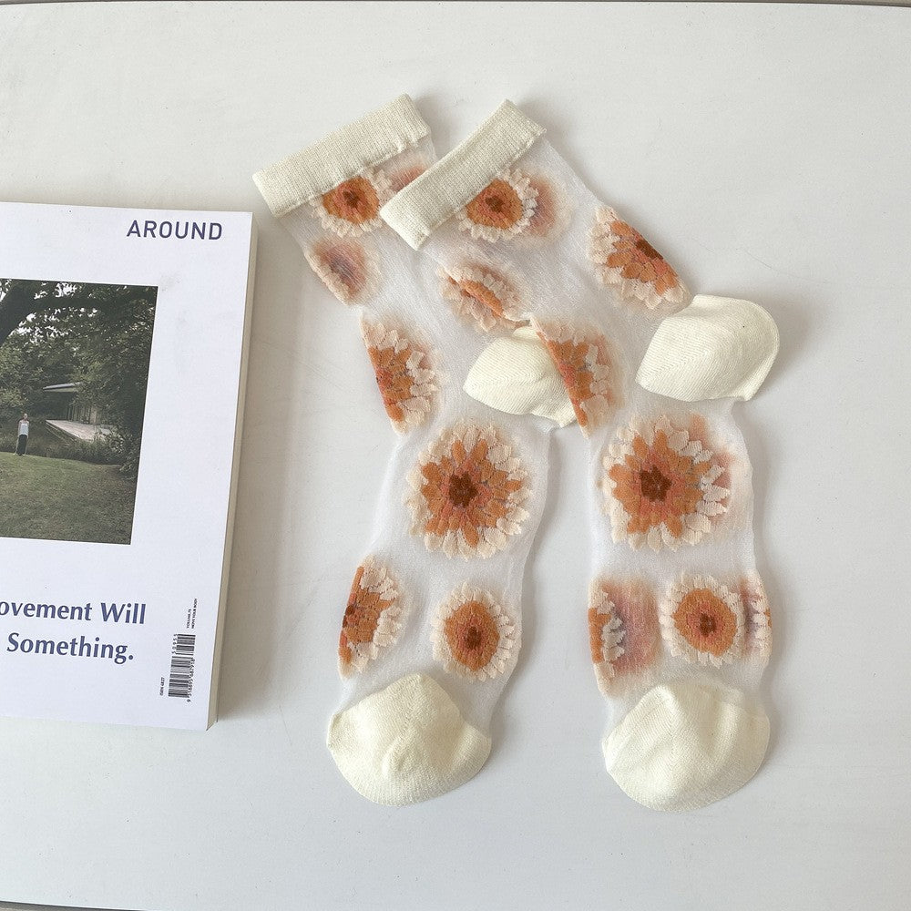 Spring And Autumn Boneless Retro Small Flowers Summer Stacking Socks For Girls Ice Silk Socks Trendy Thin Middle Tube Socks For Women