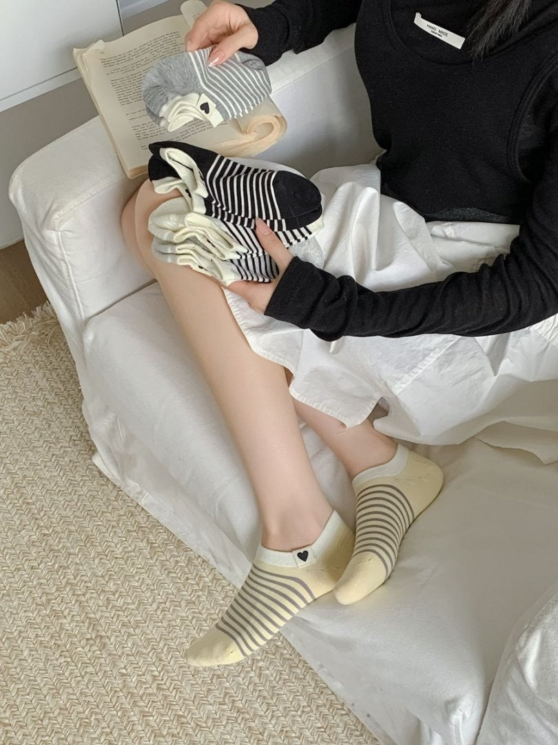 5pairs Spring And Summer New Ship Socks, Striped Socks, Children's Versatile, Large Heel, Women's Short Socks, Low Top, Shallow Mouth
