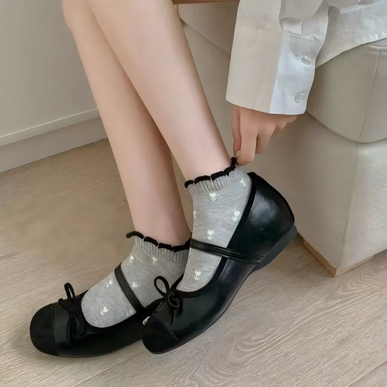 Coquette Cherry Print Ruffle Cuff Ankle Socks, Cute Low-Cut Ribbed Knit Socks, Women's Casual Non-Slip Socks For Daily Wear & Sneakers