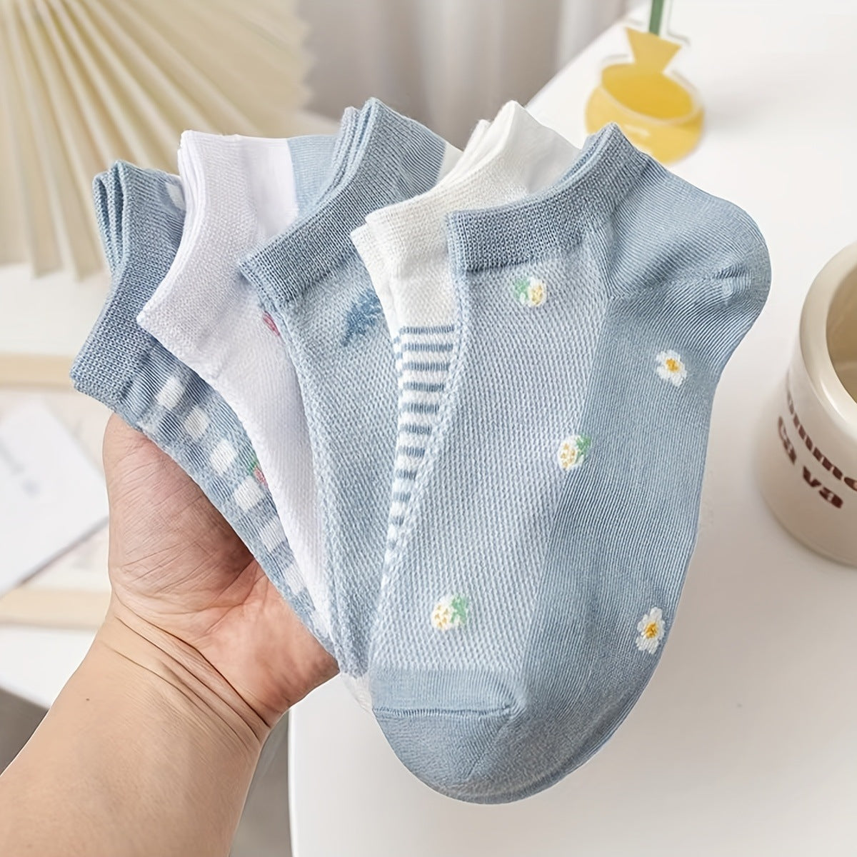 Blue & White Mesh Ankle Socks, Cute Strawberry & Floral Print Low-Cut Socks, Women's Breathable Casual Socks For Summer