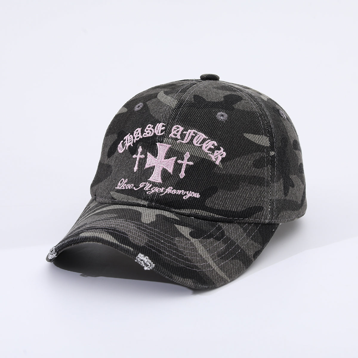 Pink Letter Cross-stitch Embroidered Beveled And Frayed Vintage Trend Baseball Cap Suitable For Street Dates, Shopping And Daily Wear