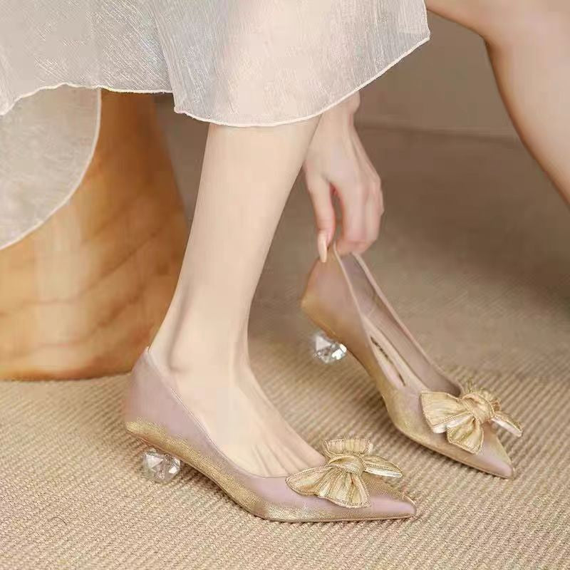 French Style Pointed Toe Chunky Mid-heel Single Shoes With Bow Detail, Fabric Upper, Design-oriented Niche Temperament Celebrity Style Dress Matching Pumps