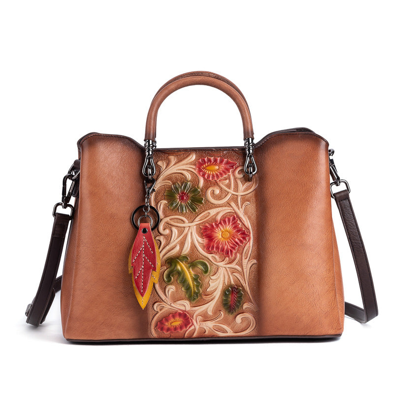 Retro Genuine Leather Embossed Distressed Simple Large-Capacity Tote Bag