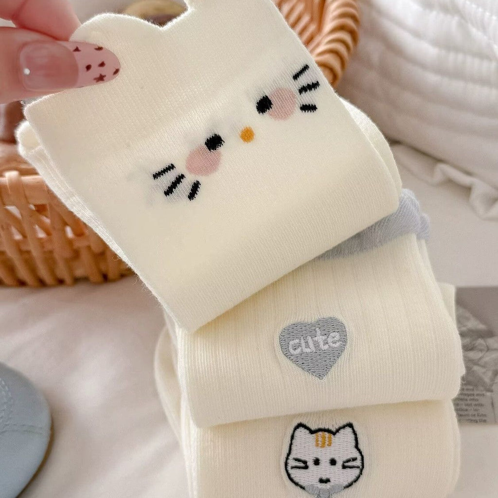 Cute Cat Print Mesh Crew Socks, Coquette Slouch Knit Socks With Cat Embroidery, Women's Breathable Casual Socks For Sneakers & Summer