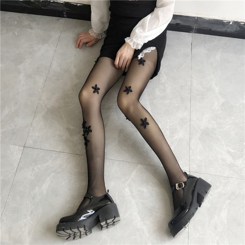 Pearl Flower Silk Stockings For Women In Summer, Thin Cut, Anti Hook Silk Jumpsuit, Sexy Black Silk Socks