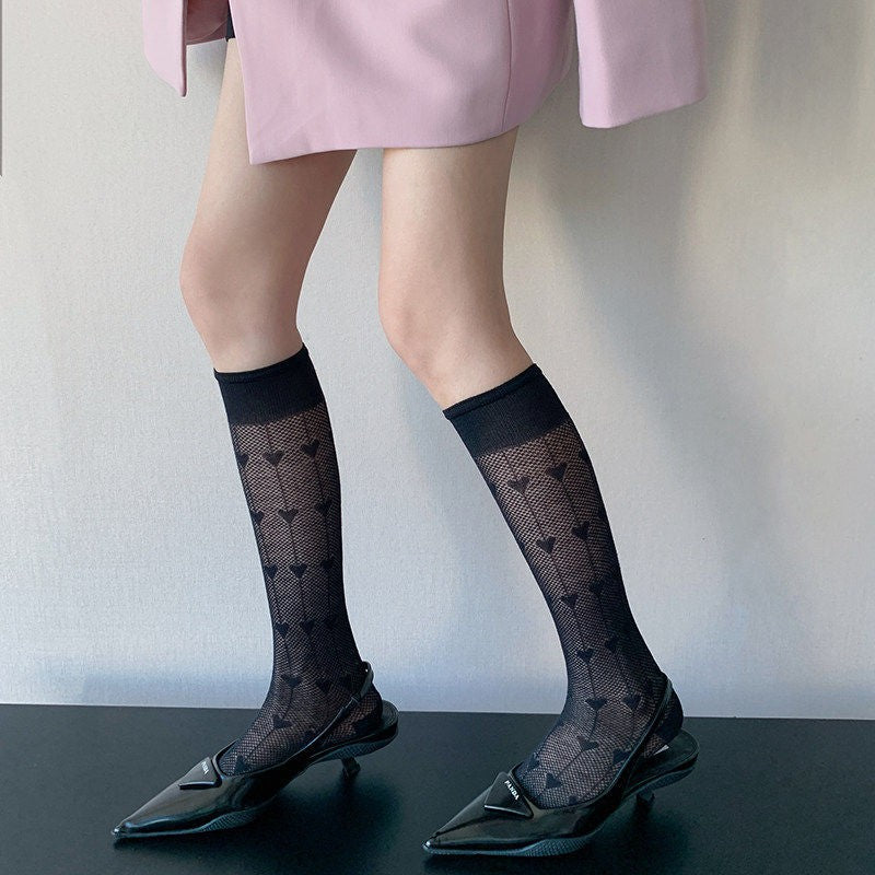 Summer Temperament Dopamine Calf Socks Children's Love Hollow Mesh Knee Pile Socks Long Socks
