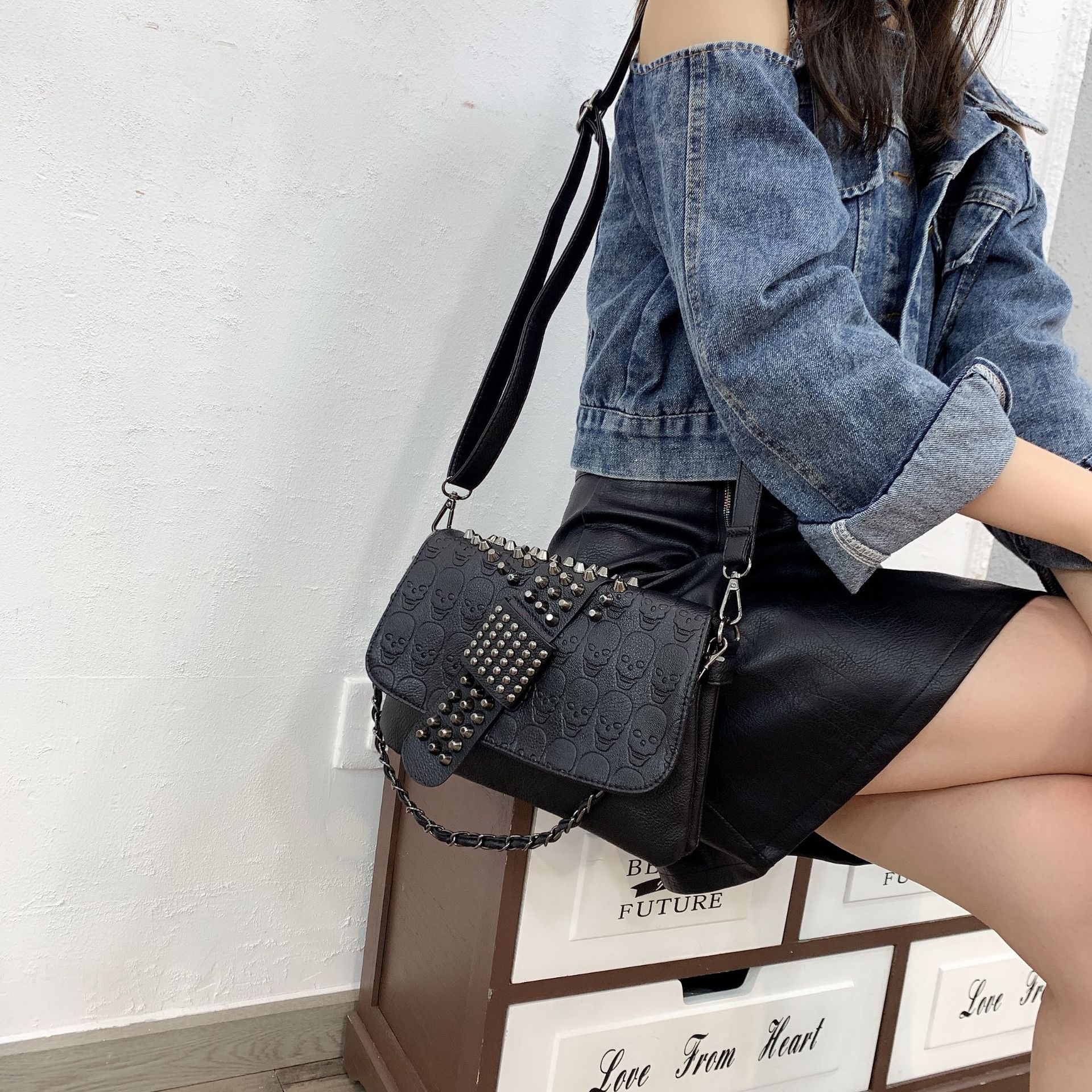 Womens Rivet Embossed Black Skull Shoulder Crossbody Bag
