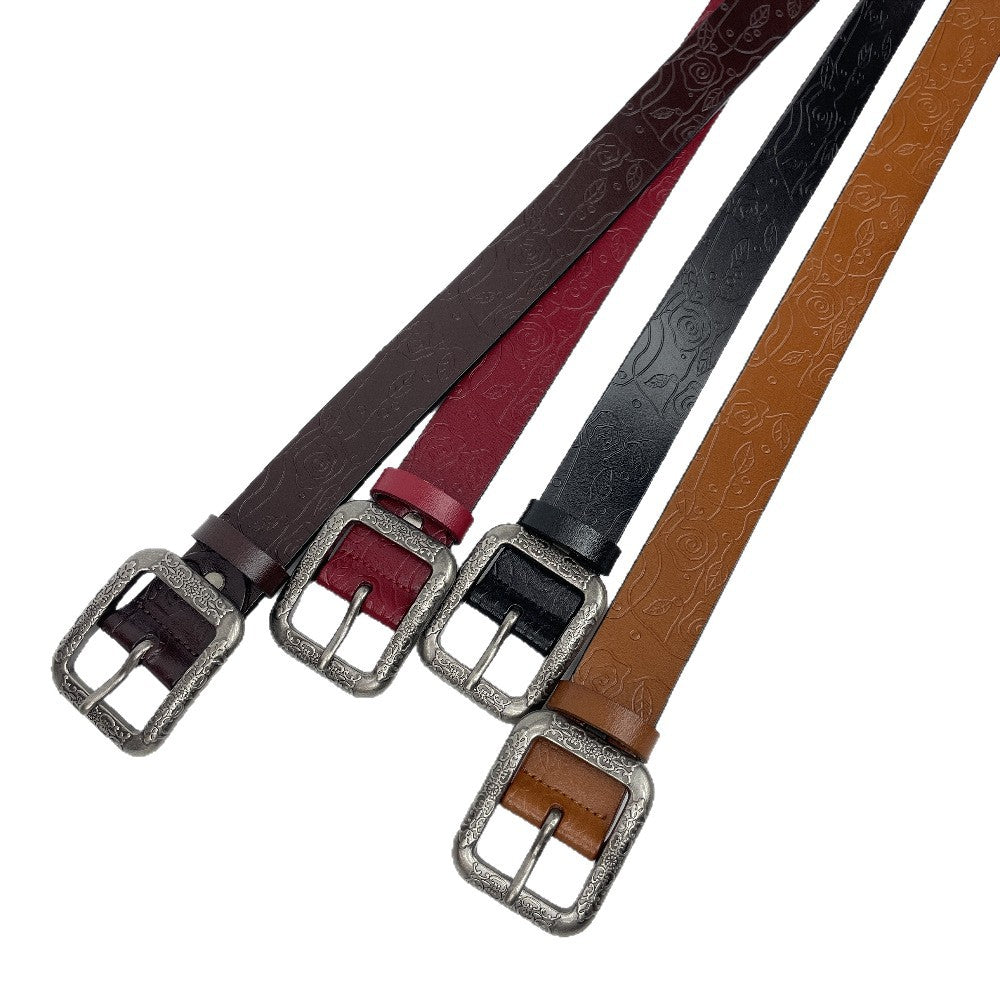 Vintage Leather Belt For Women Fashionable Embossed Cowhide