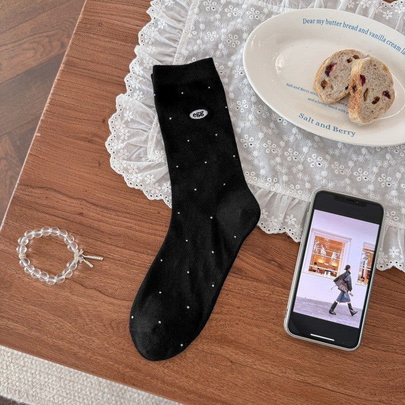 Polka Dot Socks For Children's Spring And Summer Styles, Mid Tube Socks With Egg Letters Embroidery, Long Tube Pile Socks