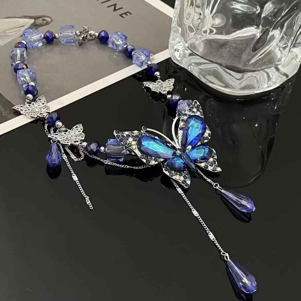 Womens Dark Blue Waterdrop Tassel Butterfly Waist Chain