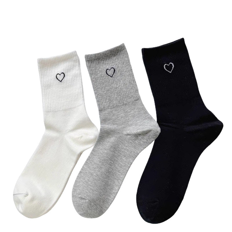 Minimalist Heart Embroidered Crew Socks, Solid Color Ribbed Knit Socks, Women's Casual Mid-Calf Socks For Daily Wear & Sports
