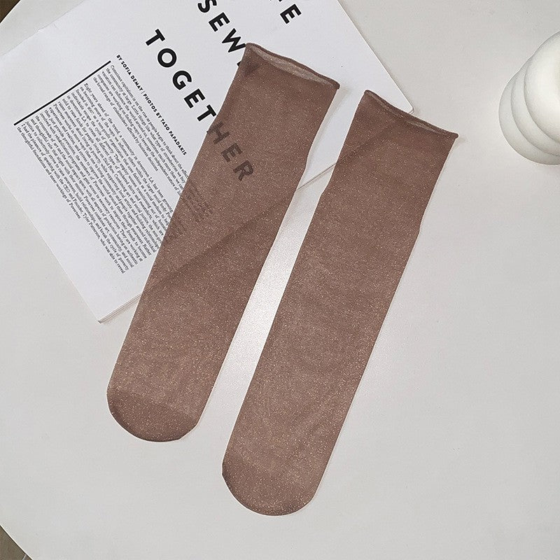 10pairs Thin Silk Stockings For Women In Spring And Autumn, Short Pearl Crystal Silk Midsole, Summer Breathable Short Stockings