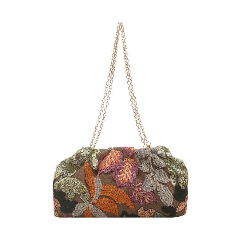 Chain-Strap Embroidered Fashion Clutch Bag