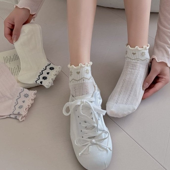 5pairs Socks Spring And Summer Thin Lace Socks Lightweight Breathable White Ballet Style Lace Women's Socks