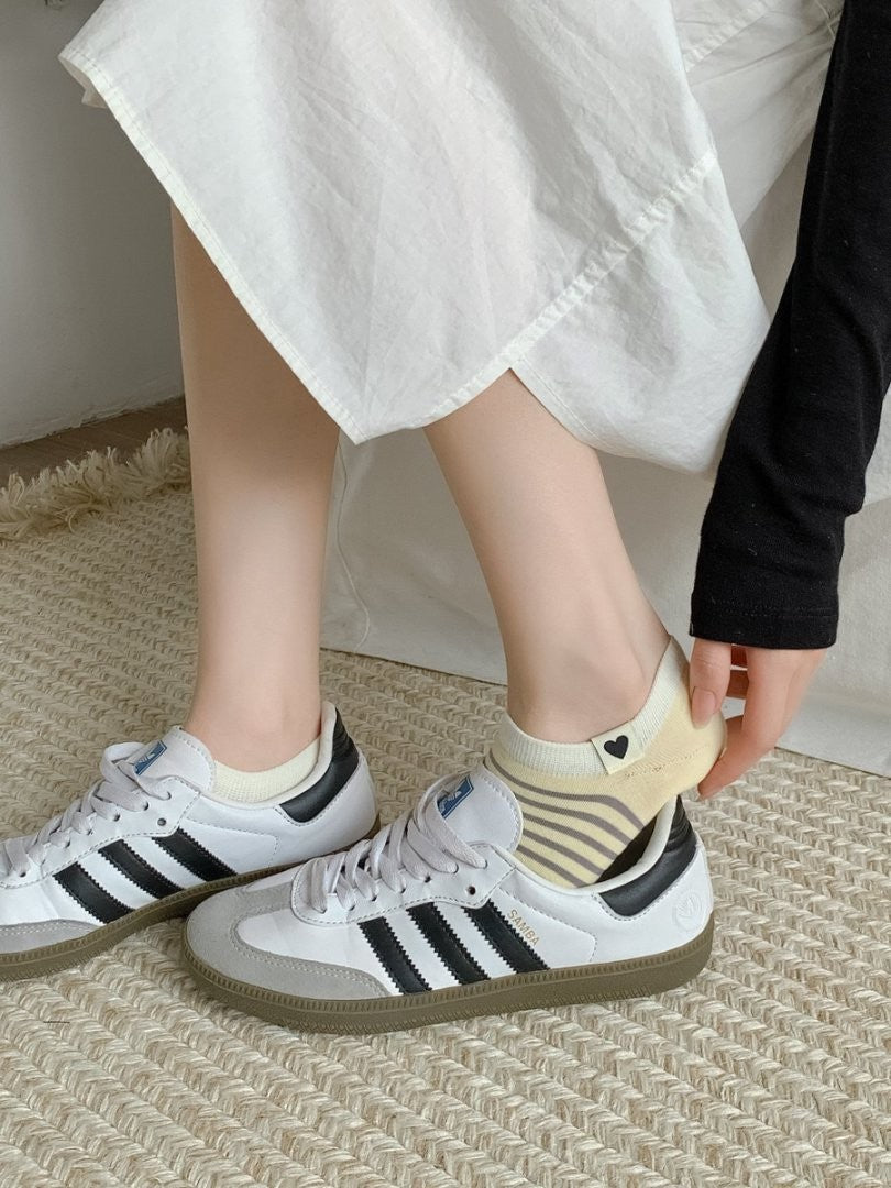 5pairs Spring And Summer New Ship Socks, Striped Socks, Children's Versatile, Large Heel, Women's Short Socks, Low Top, Shallow Mouth