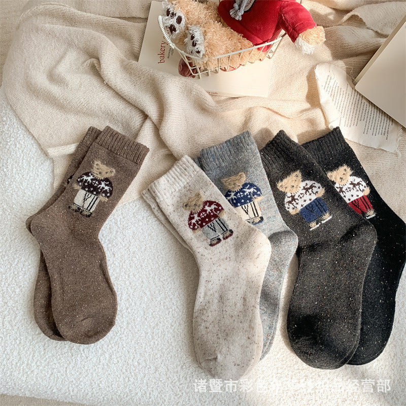 Cute Bear Print Ribbed Crew Socks, Warm Winter Casual Knit Socks For Women, Cozy Soft Neutral Color Socks