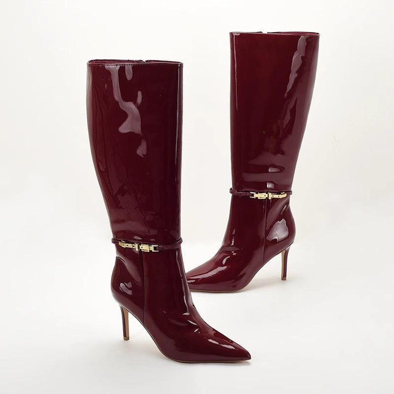 Stiletto-heeled Leather Belt-buckle Zip Thigh-high Boots For Women