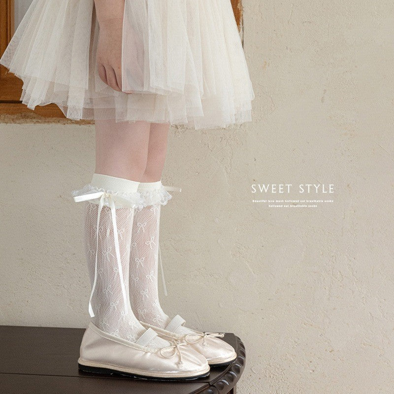 Ballet Style Pile Socks Women's Spring And Summer Thin Lace Bow Korean Girls Calf Stockings