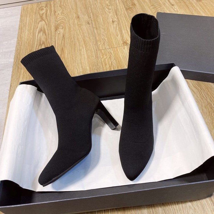 Womens Stretchy Chunky-Heel Square-Toe Suede Skinny Boots