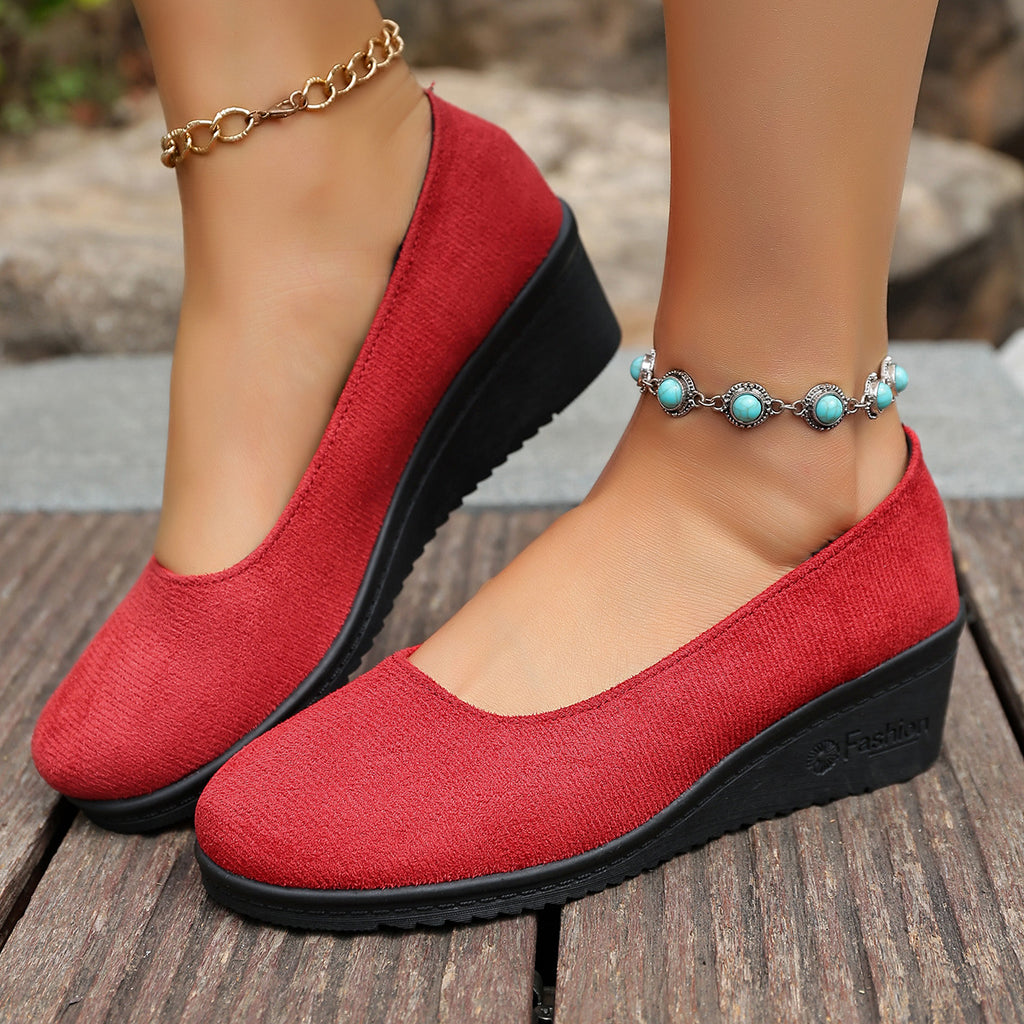 Shallow-toe Round-toe Slip-on Suede Wedge Shoes