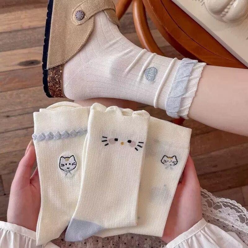 Cute Cat Embroidery Crew Socks, Coquette Ruffle Trim Pastel Socks, Women's Breathable Mesh Knit Socks For Spring & Summer