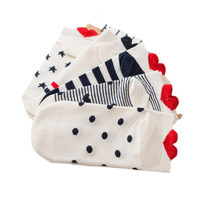 Cute 3D Heart Heel Ankle Socks, Nautical Star Stripe & Polka Dot Short Socks, Women's Casual Sweet Low-Cut Socks For Daily Wear