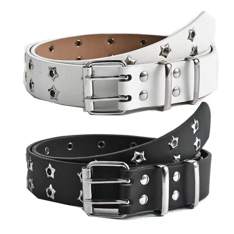 Double-Row Eyelet Belt With Hollowed-Out Design Casual Punk Leather Belt For Women