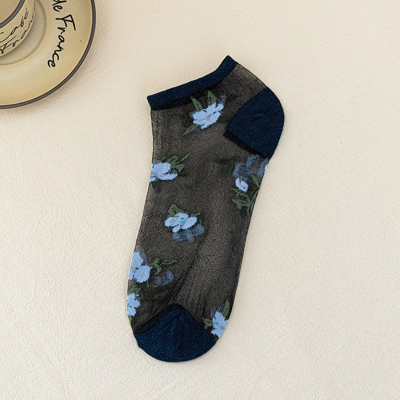 5pairs Spring Summer New Ship Socks Women's Flower Ship Socks Breathable Glass Fiber Ship Socks