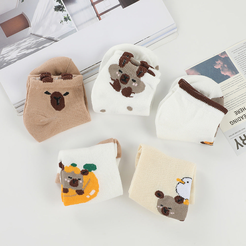 Cute Koala & Duck Print Crew Socks, 3D Cartoon Animal Knit Mid-Calf Socks, Women's Sweet Casual Socks For Daily Wear & Kawaii Style