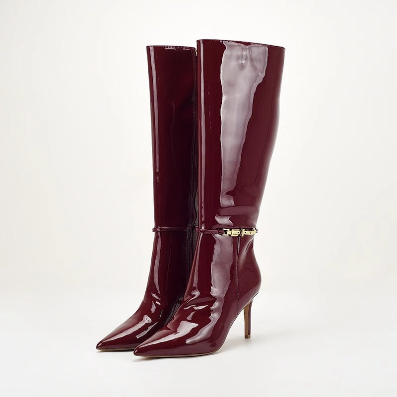 Stiletto-heeled Leather Belt-buckle Zip Thigh-high Boots For Women