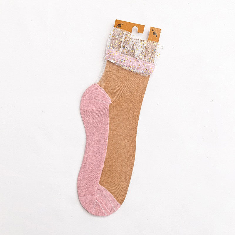 Star Chiffon Short Socks For Women, Ultra-thin Transparent Glass Fiber Starry Crystal Socks