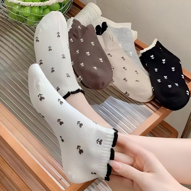 Coquette Cherry Print Ruffle Cuff Ankle Socks, Cute Low-Cut Ribbed Knit Socks, Women's Casual Non-Slip Socks For Daily Wear & Sneakers