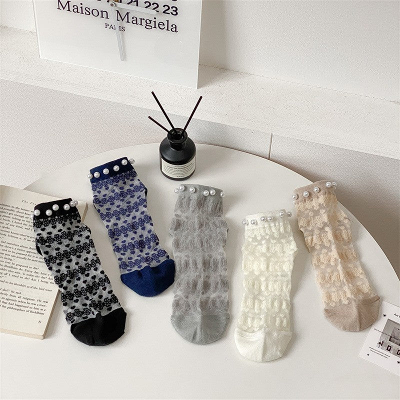 5 Pairs Of New Pearl Card Silk Thin Boat Socks, Small Flower Glass Silk Casual Women's Socks