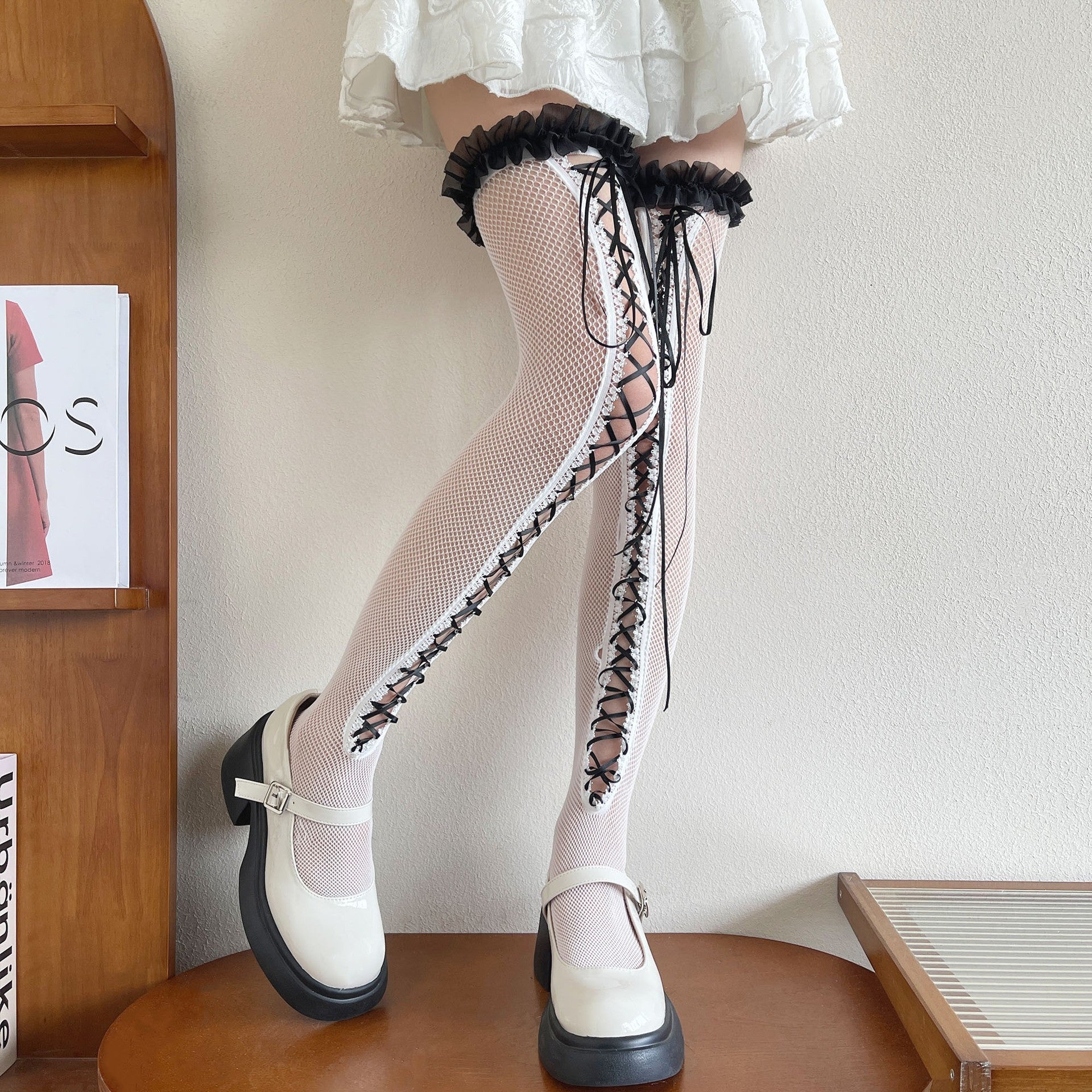 Hollow Lace Strap Ballet Style Fishing Net Lace Sexy Knee High Thigh Socks