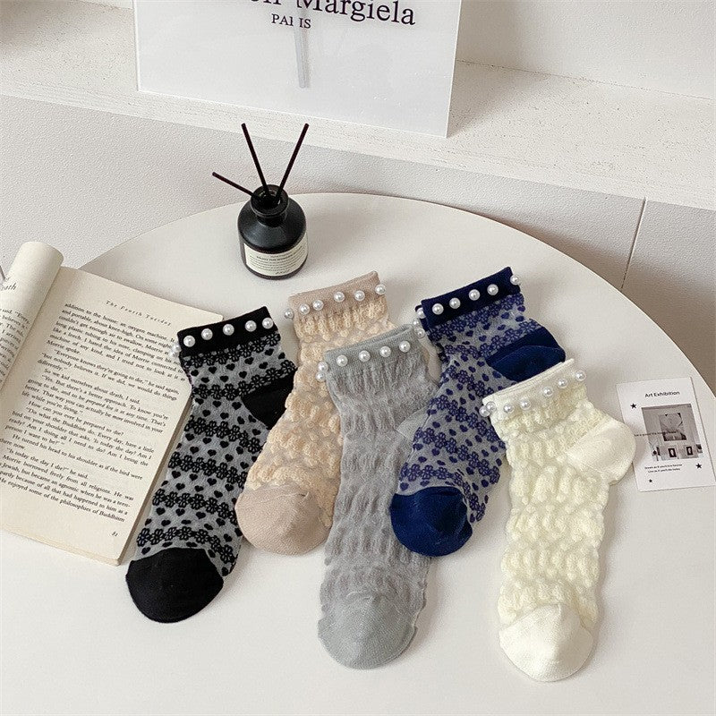5 Pairs Of New Pearl Card Silk Thin Boat Socks, Small Flower Glass Silk Casual Women's Socks
