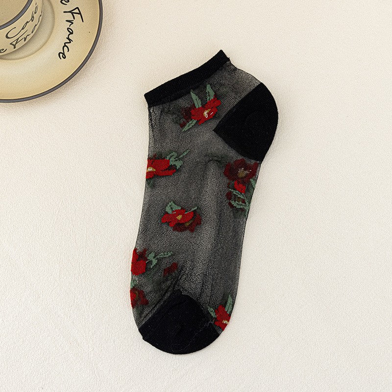 5pairs Spring Summer New Ship Socks Women's Flower Ship Socks Breathable Glass Fiber Ship Socks
