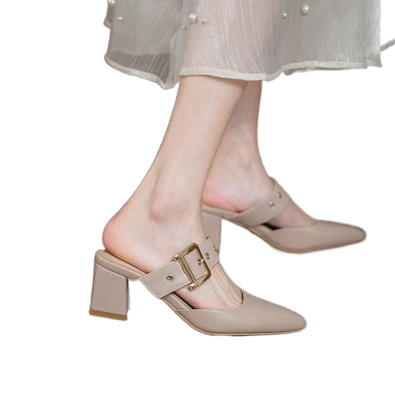 Womens Korean-style Pointed-toe Chunky-heel Closed-toe Slippers