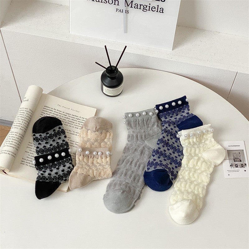 5 Pairs Of New Pearl Card Silk Thin Boat Socks, Small Flower Glass Silk Casual Women's Socks