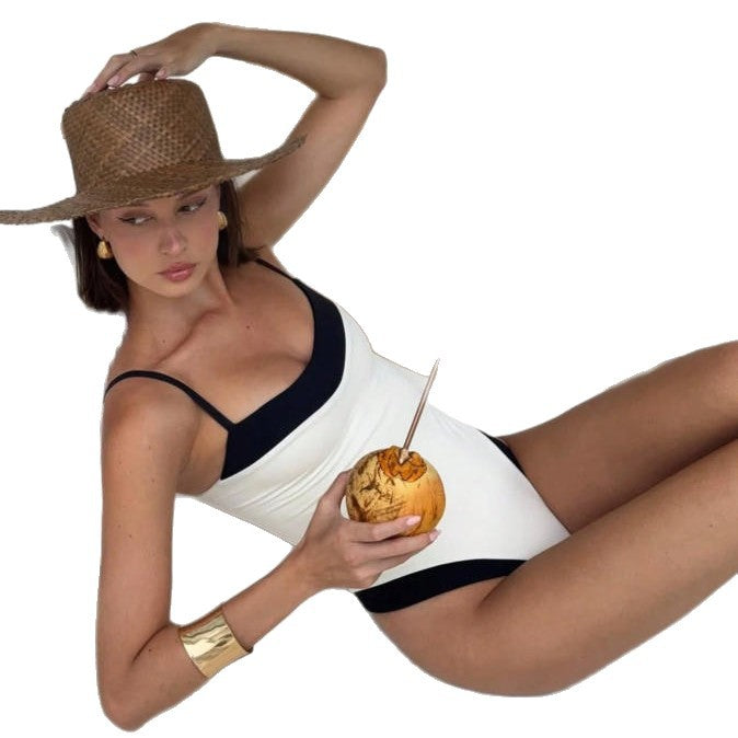 New Black-and-white Color-block Chanel-style One-piece Swimsuit