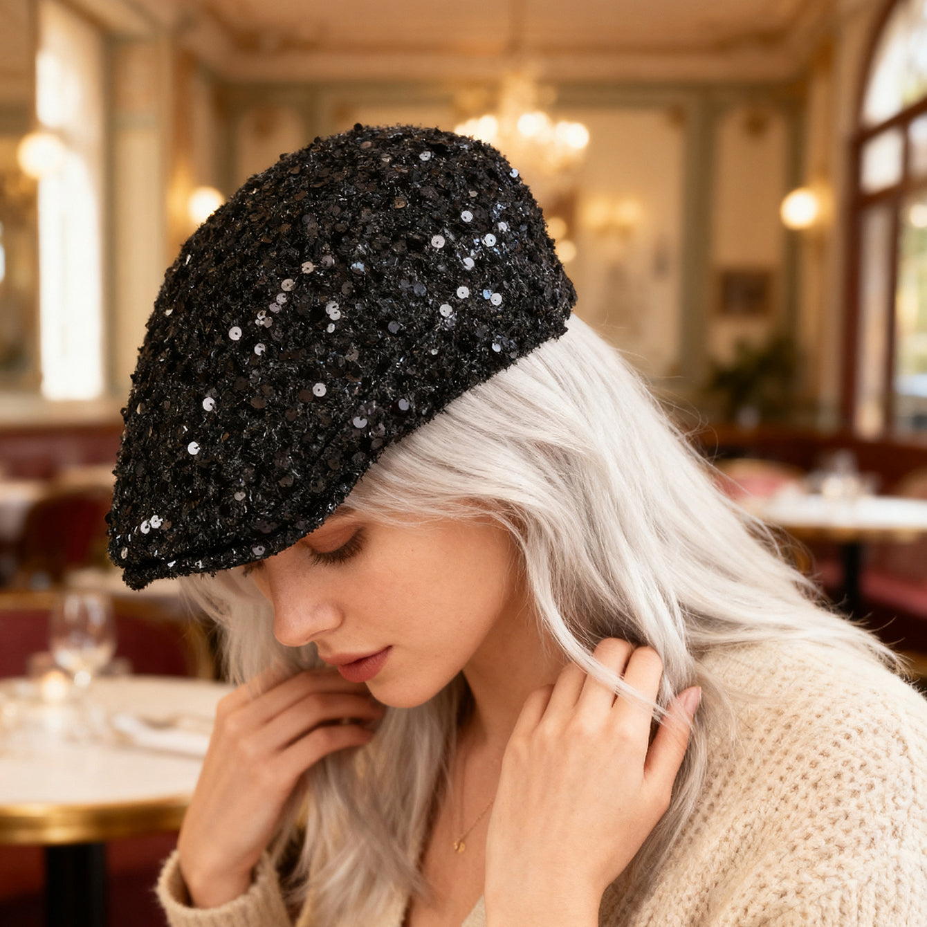 Fashionable Plain-color Sequined Forward Hat - Classic And Versatile, With Lustrous Petal-like Brim. Suitable For Stage Performances.