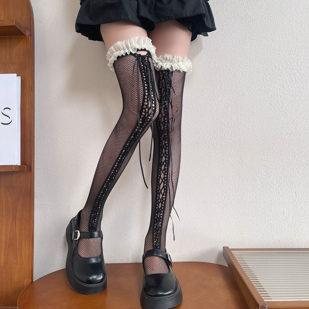 Hollow Lace Strap Ballet Style Fishing Net Lace Sexy Knee High Thigh Socks
