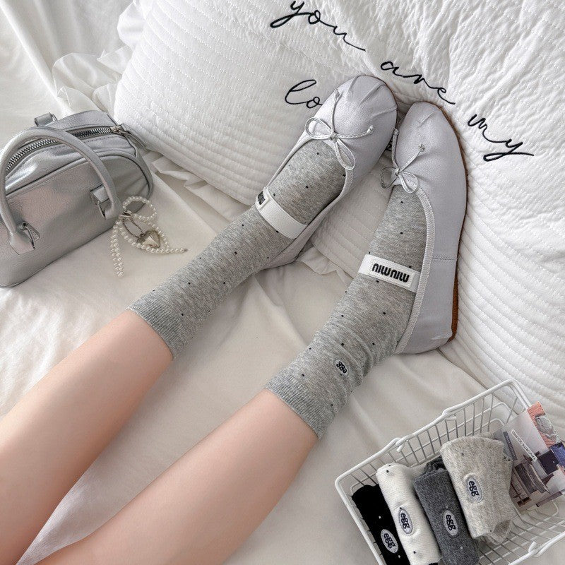 Polka Dot Socks For Children's Spring And Summer Styles, Mid Tube Socks With Egg Letters Embroidery, Long Tube Pile Socks