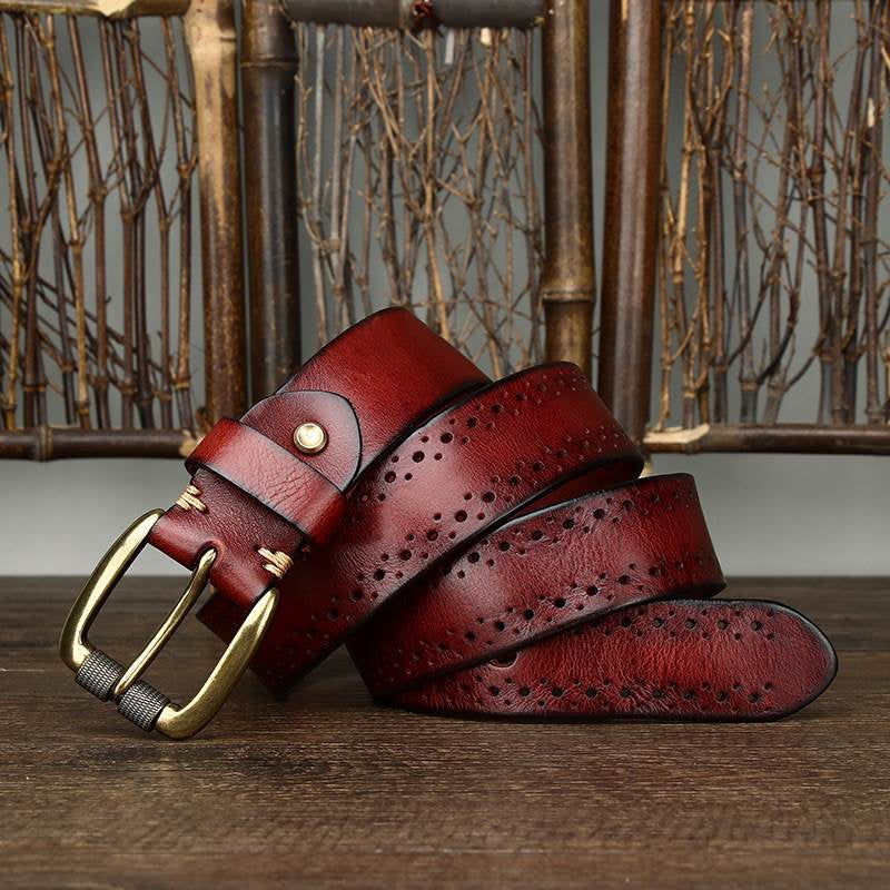 Handmade Retro Chino-style Belt With A Top-layer Cowhide Hollowed-out Design And A Casual Zinc-alloy Buckle For Denim