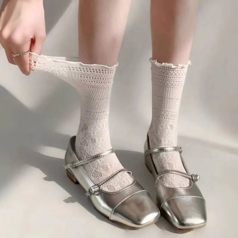 Coquette Floral Lace Mesh Crew Socks, Ruffle Cuff Sheer Slouch Socks, Women's Breathable Casual Socks For Summer & Mary Janes